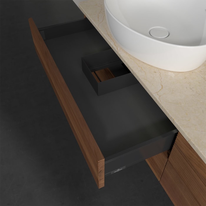 Villeroy & Boch Antao Waschbeckenunterschrank, 160 x 36 cm, 4 Auszüge mit LED-Licht, Front mit Struktur, ohne Hahnloch, für Waschtisch links