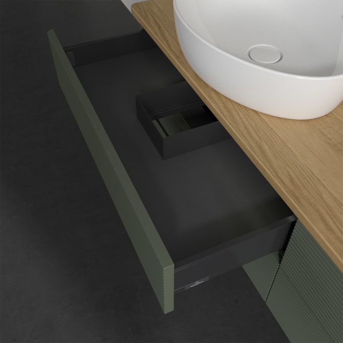 Villeroy & Boch Antao Waschbeckenunterschrank, 160 x 36 cm, 4 Auszüge mit LED-Licht, Front mit Struktur, mit Hahnloch, für Waschtisch links