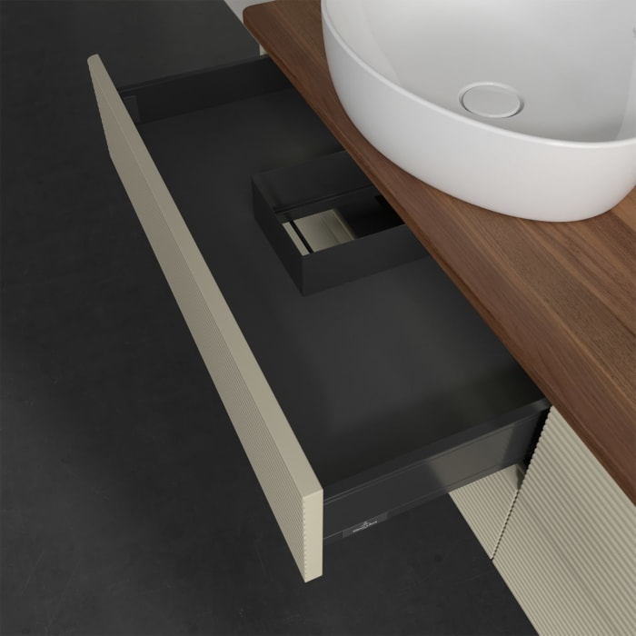 Villeroy & Boch Antao Waschbeckenunterschrank, 160 x 36 cm, 4 Auszüge mit LED-Licht, Front mit Struktur, mit Hahnloch, für Waschtisch links