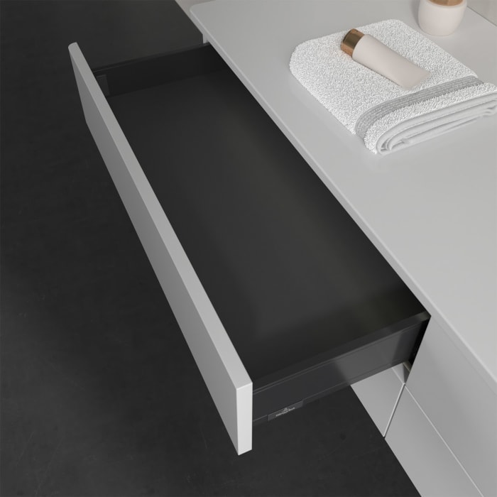 Villeroy & Boch Antao Waschbeckenunterschrank, 160 x 36 cm, 4 Auszüge mit LED-Licht, Front ohne Struktur, ohne Hahnloch, für Waschtisch rechts
