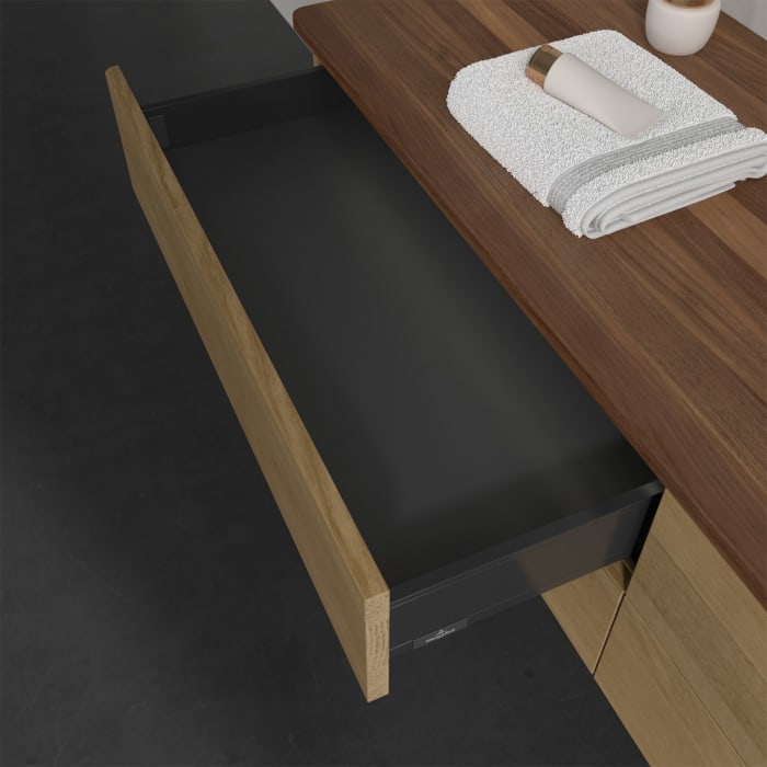 Villeroy & Boch Antao Waschbeckenunterschrank, 160 x 36 cm, 4 Auszüge mit LED-Licht, Front ohne Struktur, ohne Hahnloch, für Waschtisch rechts