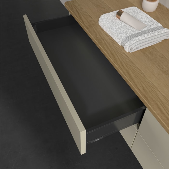 Villeroy & Boch Antao Waschbeckenunterschrank, 160 x 36 cm, 4 Auszüge mit LED-Licht, Front ohne Struktur, mit Hahnloch, für Waschtisch rechts