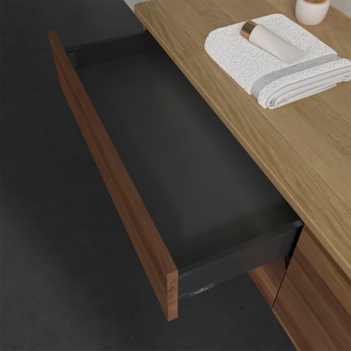 Villeroy & Boch Antao Waschbeckenunterschrank, 160 x 36 cm, 4 Auszüge mit LED-Licht, Front ohne Struktur, mit Hahnloch, für Waschtisch rechts