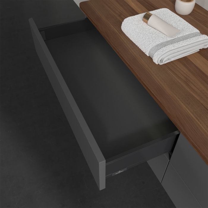 Villeroy & Boch Antao Waschbeckenunterschrank, 160 x 36 cm, 4 Auszüge mit LED-Licht, Front ohne Struktur, mit Hahnloch, für Waschtisch rechts