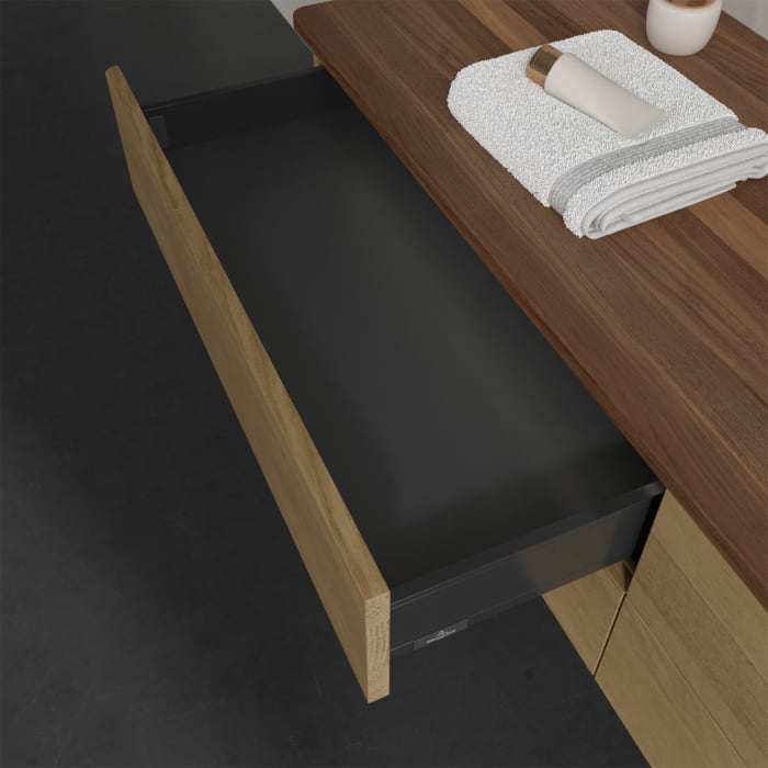 Villeroy & Boch Antao Waschbeckenunterschrank, 160 x 36 cm, 4 Auszüge mit LED-Licht, Front ohne Struktur, mit Hahnloch, für Waschtisch rechts