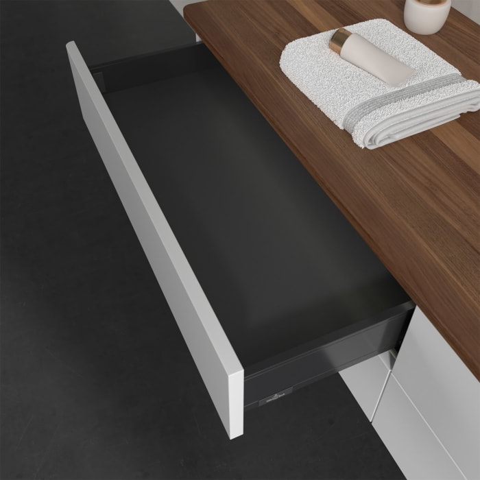 Villeroy & Boch Antao Waschbeckenunterschrank, 160 x 36 cm, 4 Auszüge mit LED-Licht, Front ohne Struktur, mit Hahnloch, für Waschtisch rechts