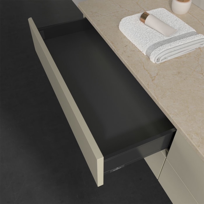 Villeroy & Boch Antao Waschbeckenunterschrank, 160 x 36 cm, 4 Auszüge mit LED-Licht, Front ohne Struktur, mit Hahnloch, für Waschtisch rechts