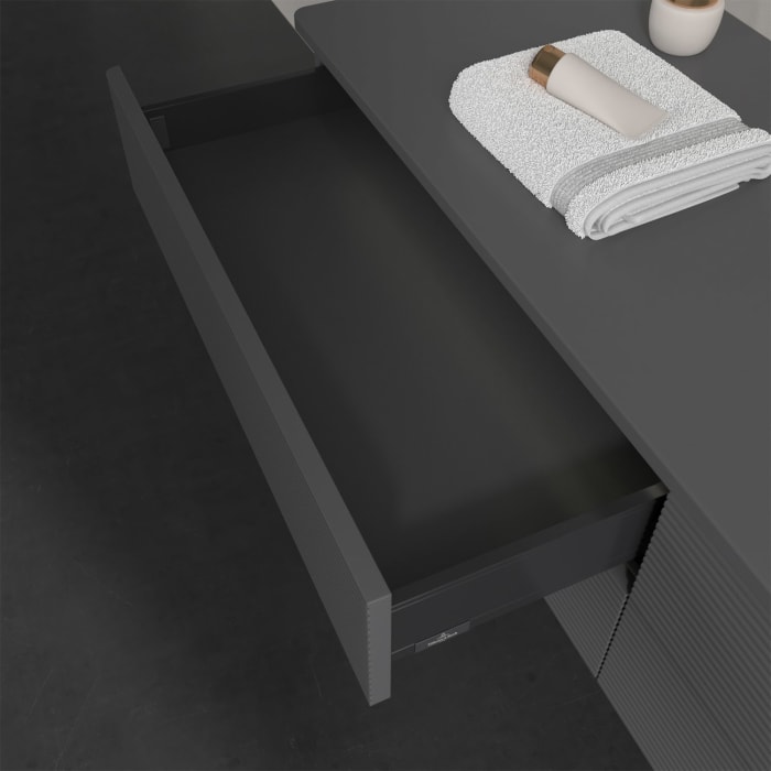 Villeroy & Boch Antao Waschbeckenunterschrank, 160 x 36 cm, 4 Auszüge mit LED-Licht, Front mit Struktur, ohne Hahnloch, für Waschtisch rechts