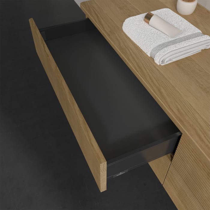 Villeroy & Boch Antao Waschbeckenunterschrank, 160 x 36 cm, 4 Auszüge mit LED-Licht, Front mit Struktur, ohne Hahnloch, für Waschtisch rechts