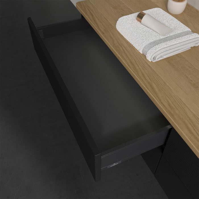 Villeroy & Boch Antao Waschbeckenunterschrank, 160 x 36 cm, 4 Auszüge mit LED-Licht, Front mit Struktur, ohne Hahnloch, für Waschtisch rechts