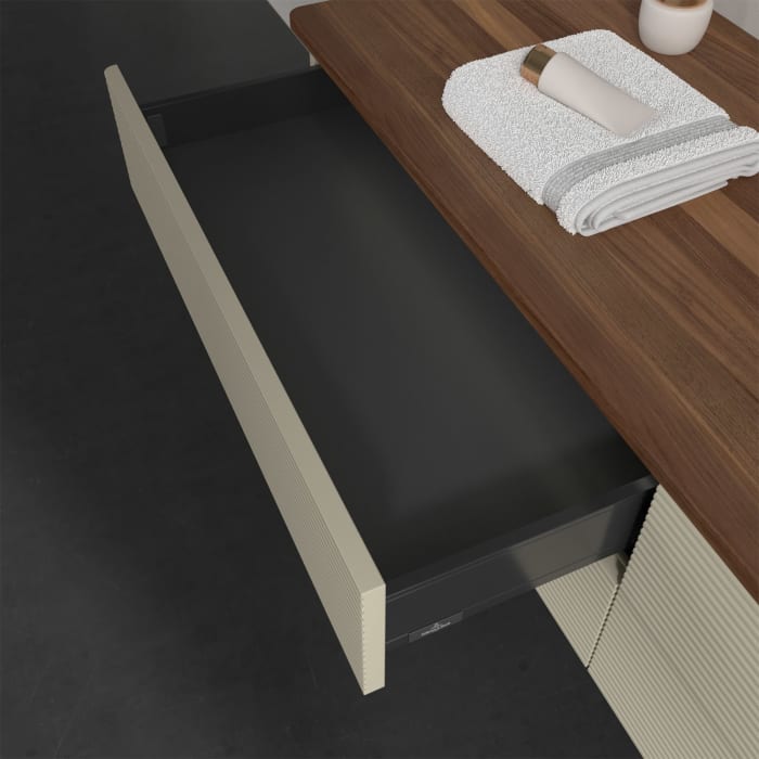 Villeroy & Boch Antao Waschbeckenunterschrank, 160 x 36 cm, 4 Auszüge mit LED-Licht, Front mit Struktur, ohne Hahnloch, für Waschtisch rechts