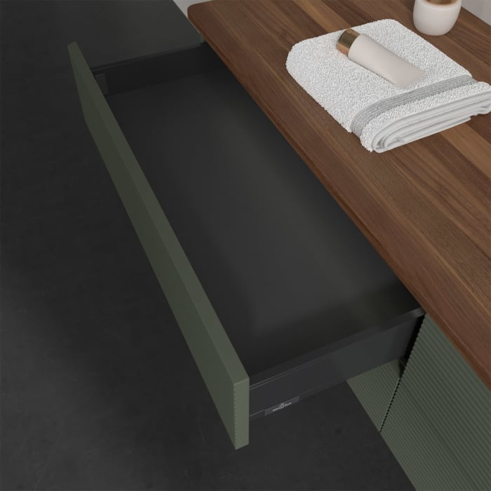 Villeroy & Boch Antao Waschbeckenunterschrank, 160 x 36 cm, 4 Auszüge mit LED-Licht, Front mit Struktur, ohne Hahnloch, für Waschtisch rechts