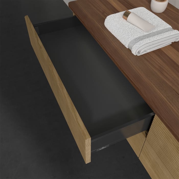 Villeroy & Boch Antao Waschbeckenunterschrank, 160 x 36 cm, 4 Auszüge mit LED-Licht, Front mit Struktur, ohne Hahnloch, für Waschtisch rechts