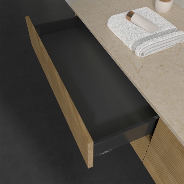 Villeroy & Boch Antao Waschbeckenunterschrank, 160 x 36 cm, 4 Auszüge mit LED-Licht, Front mit Struktur, ohne Hahnloch, für Waschtisch rechts