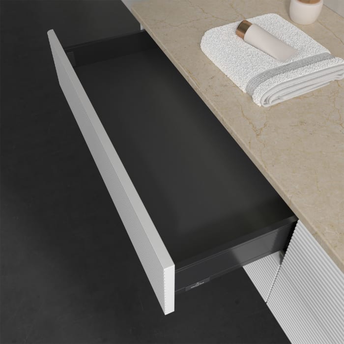 Villeroy & Boch Antao Waschbeckenunterschrank, 160 x 36 cm, 4 Auszüge mit LED-Licht, Front mit Struktur, ohne Hahnloch, für Waschtisch rechts