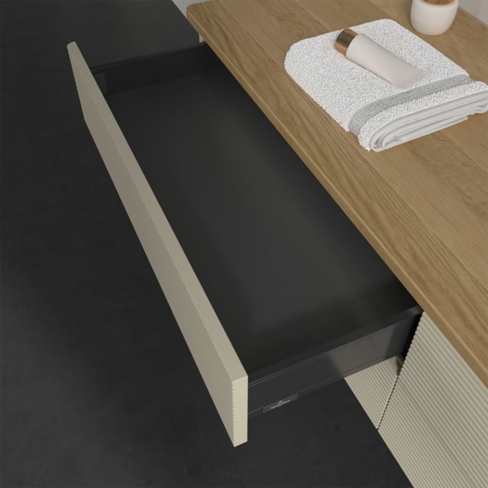 Villeroy & Boch Antao Waschbeckenunterschrank, 160 x 36 cm, 4 Auszüge mit LED-Licht, Front mit Struktur, mit Hahnloch, für Waschtisch rechts