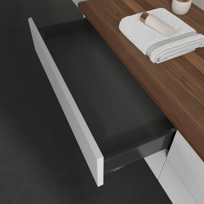 Villeroy & Boch Antao Waschbeckenunterschrank, 160 x 36 cm, 4 Auszüge mit LED-Licht, Front mit Struktur, mit Hahnloch, für Waschtisch rechts