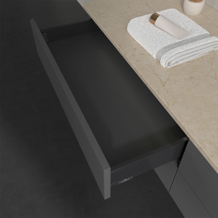 Villeroy & Boch Antao Waschbeckenunterschrank, 160 x 36 cm, 4 Auszüge mit LED-Licht, Front mit Struktur, mit Hahnloch, für Waschtisch rechts