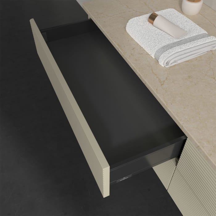 Villeroy & Boch Antao Waschbeckenunterschrank, 160 x 36 cm, 4 Auszüge mit LED-Licht, Front mit Struktur, mit Hahnloch, für Waschtisch rechts