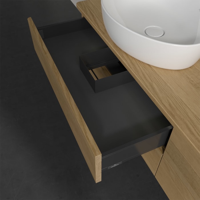 Villeroy & Boch Antao Waschbeckenunterschrank, 160 x 36 cm, 4 Auszüge mit LED-Licht, Front ohne Struktur, mit Hahnloch, für Waschtisch links und recht