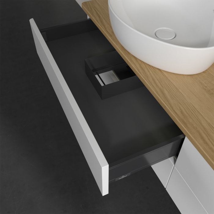 Villeroy & Boch Antao Waschbeckenunterschrank, 160 x 36 cm, 4 Auszüge mit LED-Licht, Front ohne Struktur, mit Hahnloch, für Waschtisch links und recht