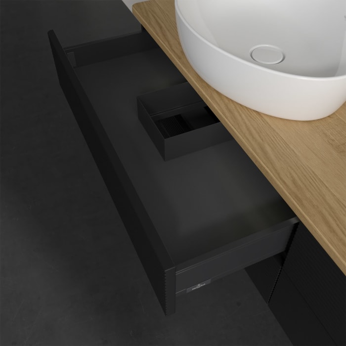 Villeroy & Boch Antao Waschbeckenunterschrank, 160 x 36 cm, 4 Auszüge mit LED-Licht, Front mit Struktur, ohne Hahnloch, für Waschtisch links und recht