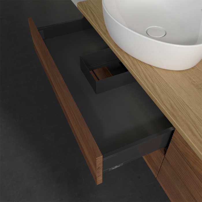 Villeroy & Boch Antao Waschbeckenunterschrank, 160 x 36 cm, 4 Auszüge mit LED-Licht, Front mit Struktur, mit Hahnloch, für Waschtisch links und rechts