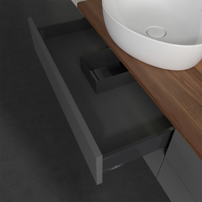 Villeroy & Boch Antao Waschbeckenunterschrank, 160 x 36 cm, 4 Auszüge mit LED-Licht, Front mit Struktur, mit Hahnloch, für Waschtisch links und rechts