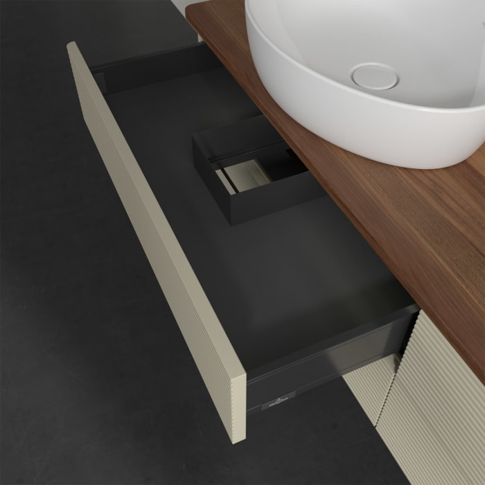 Villeroy & Boch Antao Waschbeckenunterschrank, 160 x 36 cm, 4 Auszüge mit LED-Licht, Front mit Struktur, mit Hahnloch, für Waschtisch links und rechts