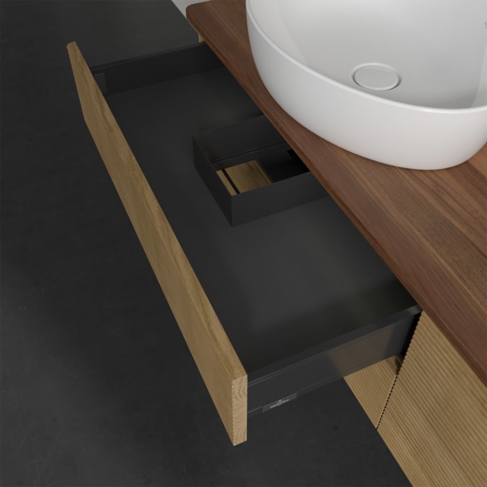 Villeroy & Boch Antao Waschbeckenunterschrank, 160 x 36 cm, 4 Auszüge mit LED-Licht, Front mit Struktur, mit Hahnloch, für Waschtisch links und rechts