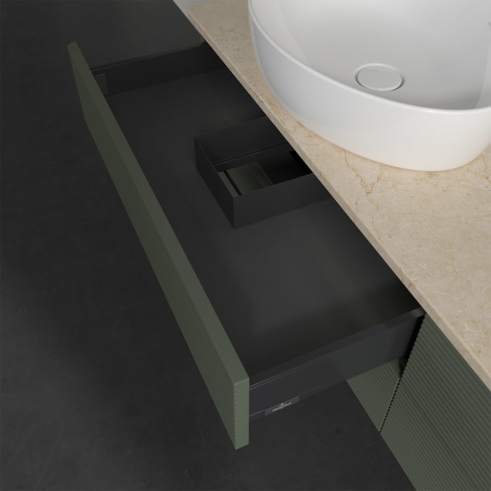 Villeroy & Boch Antao Waschbeckenunterschrank, 160 x 36 cm, 4 Auszüge mit LED-Licht, Front mit Struktur, mit Hahnloch, für Waschtisch links und rechts