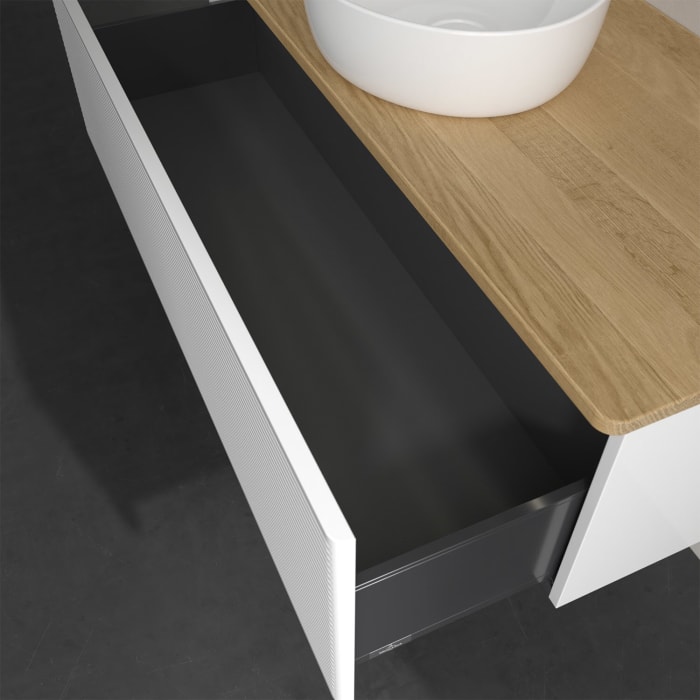 Villeroy & Boch Antao Waschbeckenunterschrank, 120 x 36 cm, 1 Auszug mit LED-Licht, Front mit Struktur, ohne Hahnloch, für Waschtisch mittig