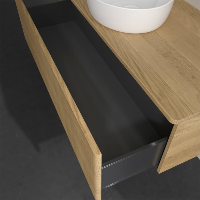 Villeroy & Boch Antao Waschbeckenunterschrank, 120 x 36 cm, 1 Auszug mit LED-Licht, Front mit Struktur, ohne Hahnloch, für Waschtisch mittig