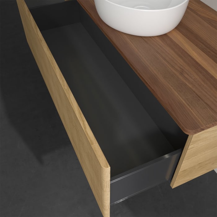 Villeroy & Boch Antao Waschbeckenunterschrank, 120 x 36 cm, 1 Auszug mit LED-Licht, Front mit Struktur, ohne Hahnloch, für Waschtisch mittig