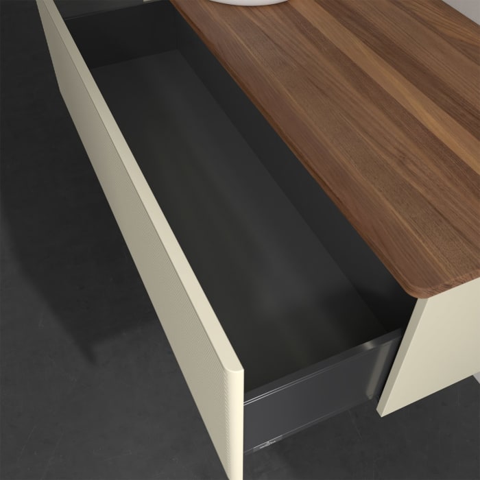 Villeroy & Boch Antao Waschbeckenunterschrank, 120 x 36 cm, 1 Auszug mit LED-Licht, Front mit Struktur, ohne Hahnloch, für Waschtisch links