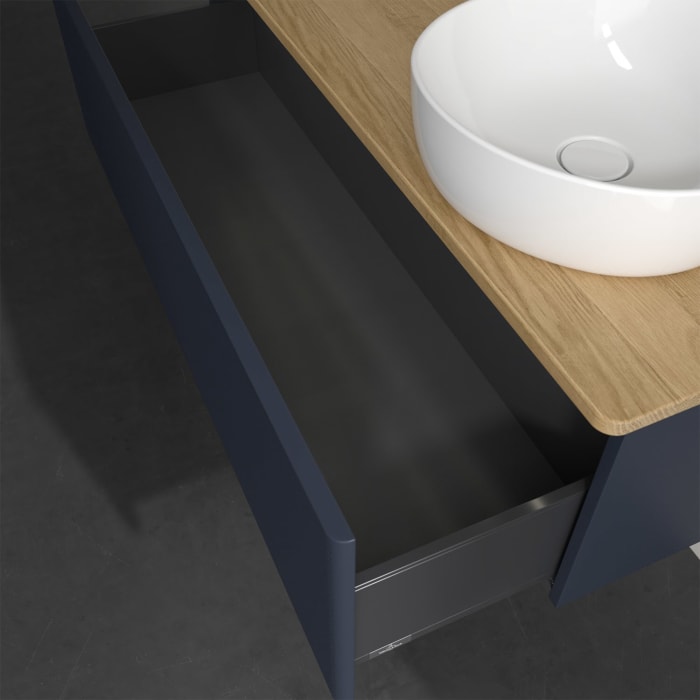 Villeroy & Boch Antao Waschbeckenunterschrank, 120 x 36 cm, 1 Auszug mit LED-Licht, Front mit Struktur, mit Hahnloch, für Waschtisch rechts