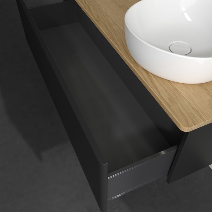 Villeroy & Boch Antao Waschbeckenunterschrank, 120 x 36 cm, 1 Auszug mit LED-Licht, Front mit Struktur, mit Hahnloch, für Waschtisch rechts