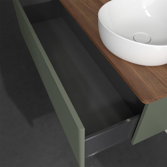 Villeroy & Boch Antao Waschbeckenunterschrank, 120 x 36 cm, 1 Auszug mit LED-Licht, Front mit Struktur, mit Hahnloch, für Waschtisch rechts