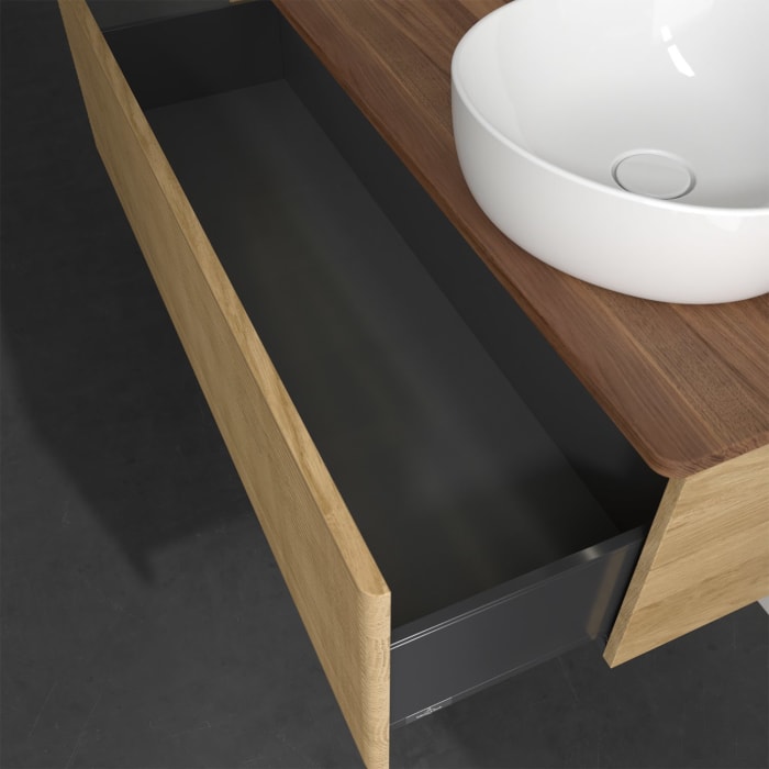 Villeroy & Boch Antao Waschbeckenunterschrank, 120 x 36 cm, 1 Auszug mit LED-Licht, Front mit Struktur, mit Hahnloch, für Waschtisch rechts