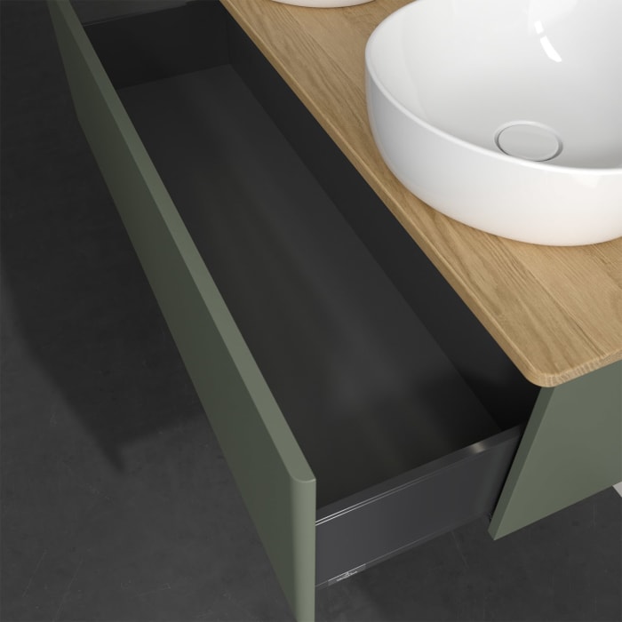 Villeroy & Boch Antao Waschbeckenunterschrank, 120 x 36 cm, 1 Auszug mit LED-Licht, Front ohne Struktur, mit Hahnloch, für Waschtisch links und rechts