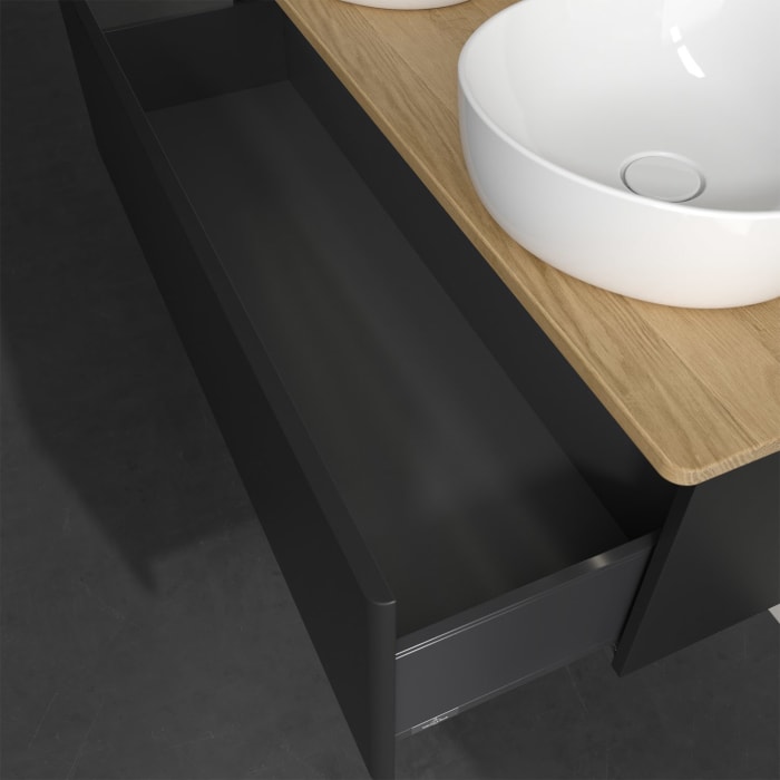 Villeroy & Boch Antao Waschbeckenunterschrank, 120 x 36 cm, 1 Auszug mit LED-Licht, Front ohne Struktur, mit Hahnloch, für Waschtisch links und rechts