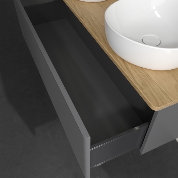 Villeroy & Boch Antao Waschbeckenunterschrank, 120 x 36 cm, 1 Auszug mit LED-Licht, Front mit Struktur, mit Hahnloch, für Waschtisch links und rechts