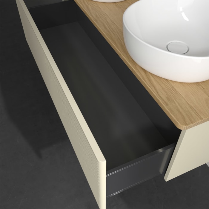 Villeroy & Boch Antao Waschbeckenunterschrank, 120 x 36 cm, 1 Auszug mit LED-Licht, Front mit Struktur, mit Hahnloch, für Waschtisch links und rechts