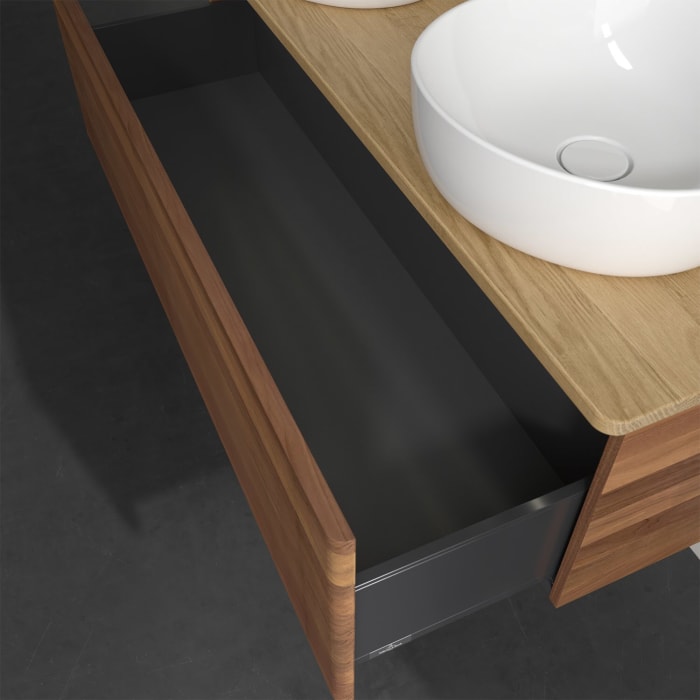 Villeroy & Boch Antao Waschbeckenunterschrank, 120 x 36 cm, 1 Auszug mit LED-Licht, Front mit Struktur, mit Hahnloch, für Waschtisch links und rechts