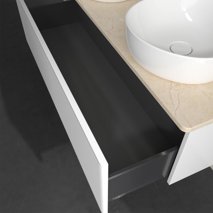 Villeroy & Boch Antao Waschbeckenunterschrank, 120 x 36 cm, 1 Auszug mit LED-Licht, Front mit Struktur, mit Hahnloch, für Waschtisch links und rechts