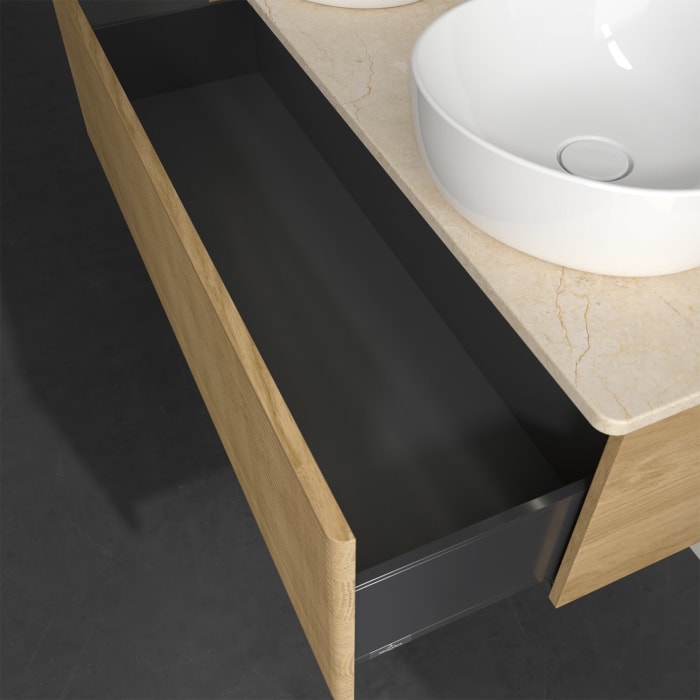 Villeroy & Boch Antao Waschbeckenunterschrank, 120 x 36 cm, 1 Auszug mit LED-Licht, Front mit Struktur, mit Hahnloch, für Waschtisch links und rechts