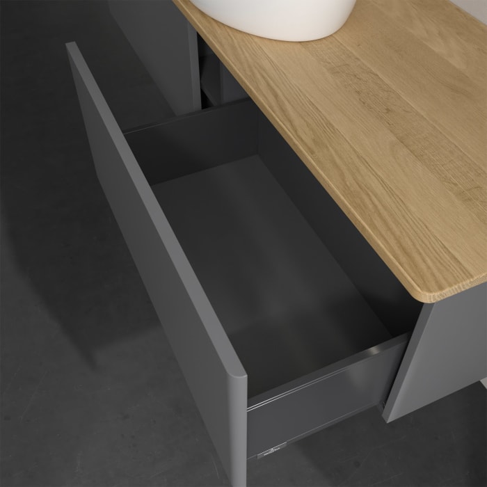 Villeroy & Boch Antao Waschbeckenunterschrank, 160 x 36 cm, 2 Auszüge mit LED-Licht, Front ohne Struktur, ohne Hahnloch, für Waschtisch mittig