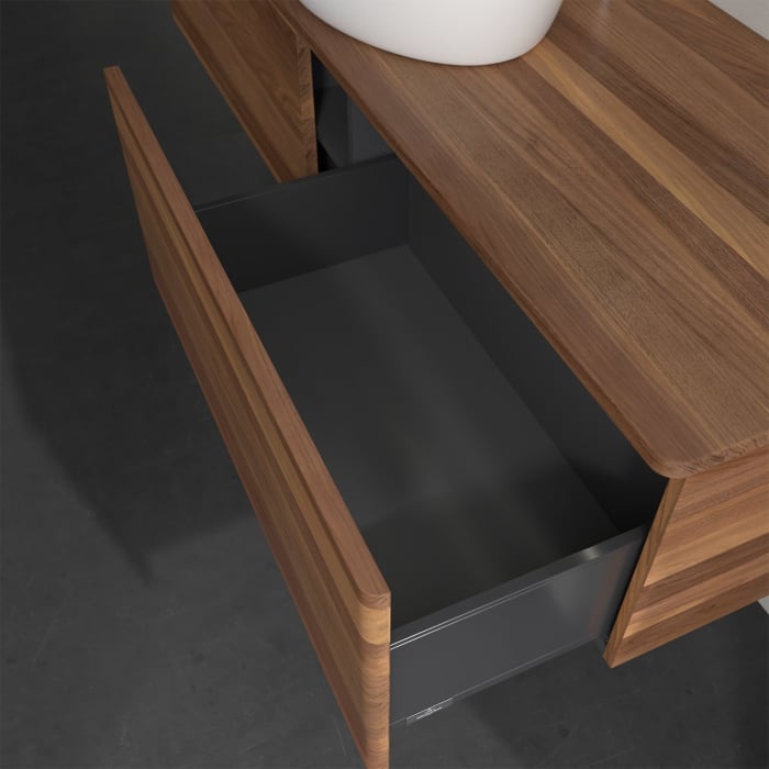 Villeroy & Boch Antao Waschbeckenunterschrank, 160 x 36 cm, 2 Auszüge mit LED-Licht, Front ohne Struktur, mit Hahnloch, für Waschtisch mittig