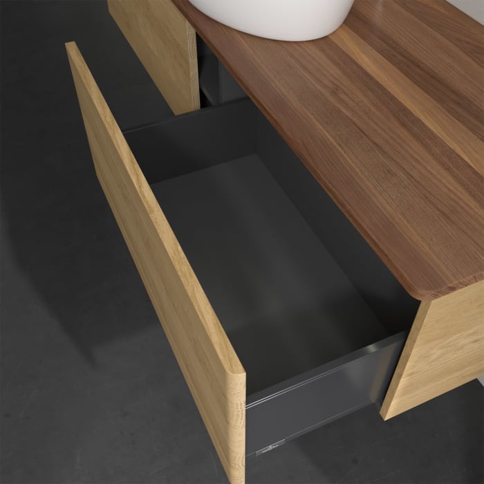 Villeroy & Boch Antao Waschbeckenunterschrank, 160 x 36 cm, 2 Auszüge mit LED-Licht, Front ohne Struktur, mit Hahnloch, für Waschtisch mittig