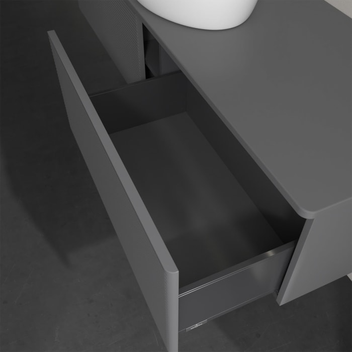 Villeroy & Boch Antao Waschbeckenunterschrank, 160 x 36 cm, 2 Auszüge mit LED-Licht, Front mit Struktur, ohne Hahnloch, für Waschtisch mittig